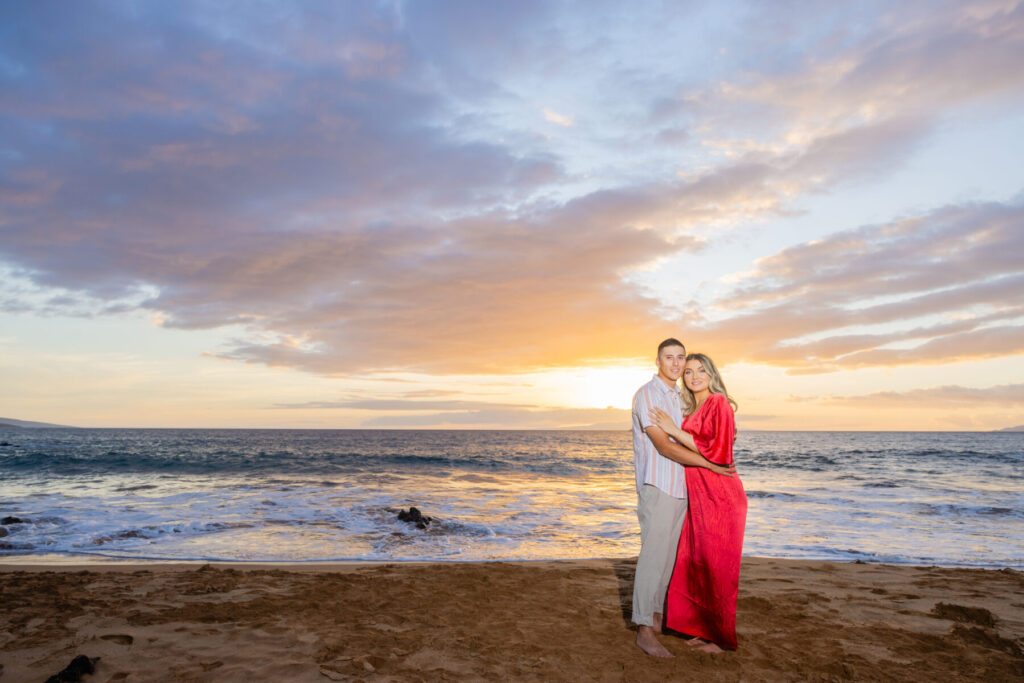 Engagement session at sunset on Maluaka Beach