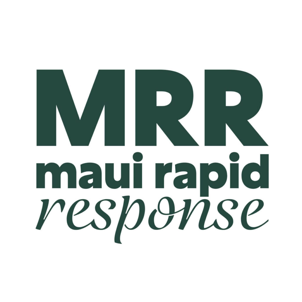 Maui Rapid Response (MRR) logo in dark green text on a white background representing community aid and support