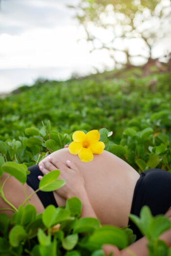 Pregnancy photo session Maui – flower resting on baby bump closeup