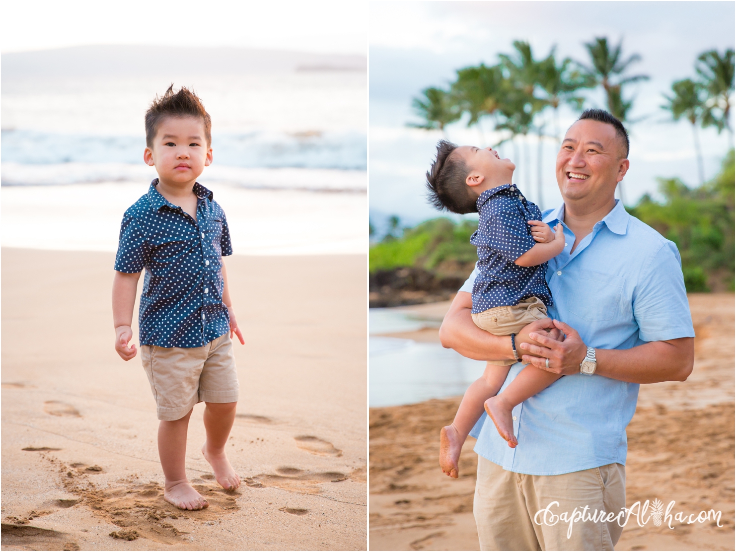 father and son on a Maui beach at sunset