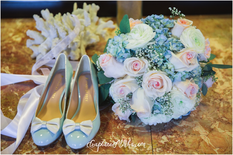 blue heals and matching bridal bouquet with pink roses