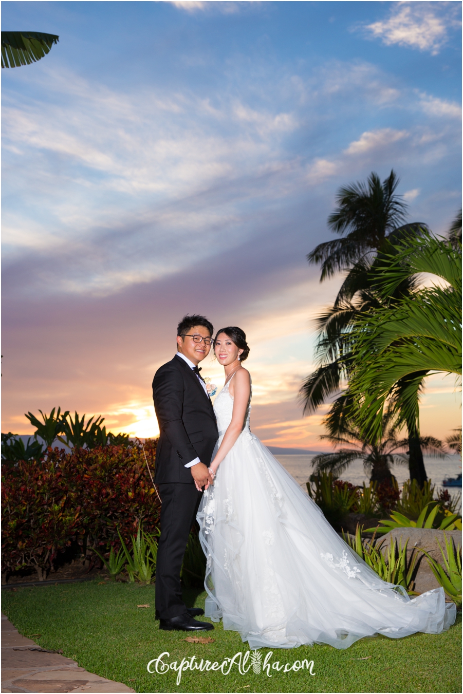 bride and groom portrait at sunset at The Westin Maui