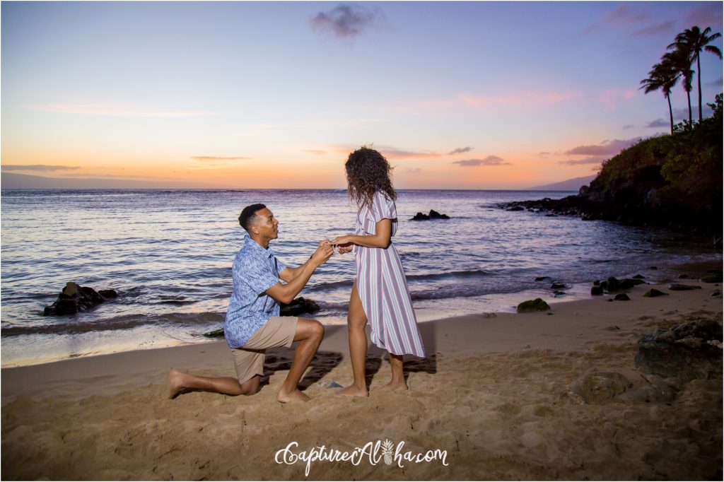 Maui Surprise Proposal Photography during sunset at Kapalua Bay