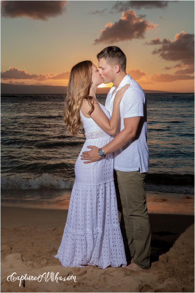 Engagement Photographer Maui with couple at kapalua bay beach on the beach at sunset