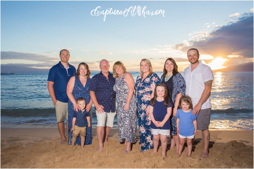 Maui Family Photography at Kapalua Bay with ten people at sunset