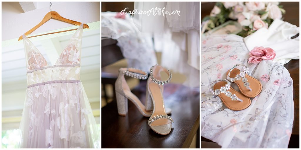Detail shot of the wedding dress and shoes for a Detail shot of wedding invitation for Maui Wedding | Gannon's Wailea