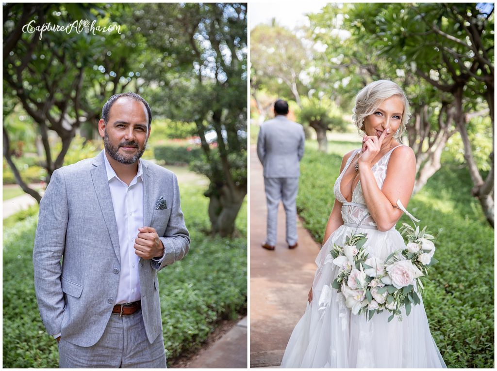 A first look between bride and groom before their Maui Wedding | Gannon's Wailea