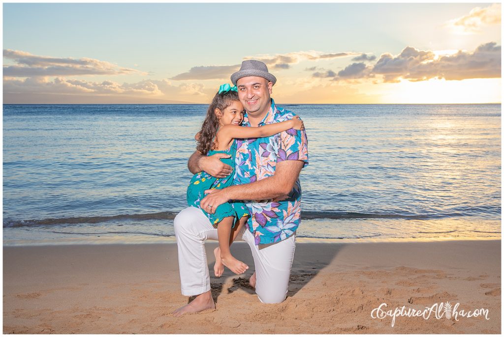 Maui Family Photography at Kapalua Bay Beach at sunset with a father and little girl
