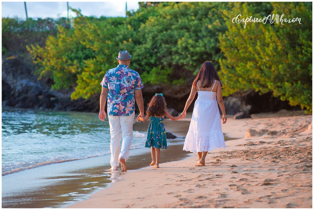Maui Family Photography at Kapalua Bay Beach at sunset with a family of three