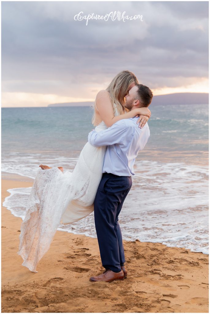 Maui Wedding Photography at Po'olenalena Beach, bride and groom celebrating