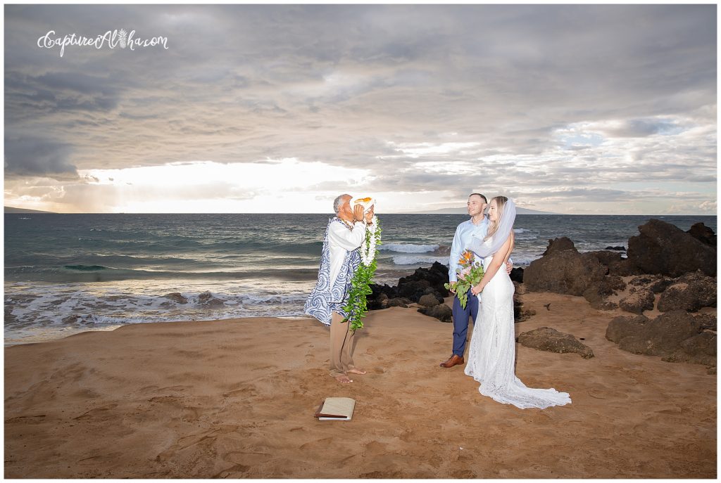 Maui Wedding Photography at Po'olenalena Beach, bride and groom during ceremony
